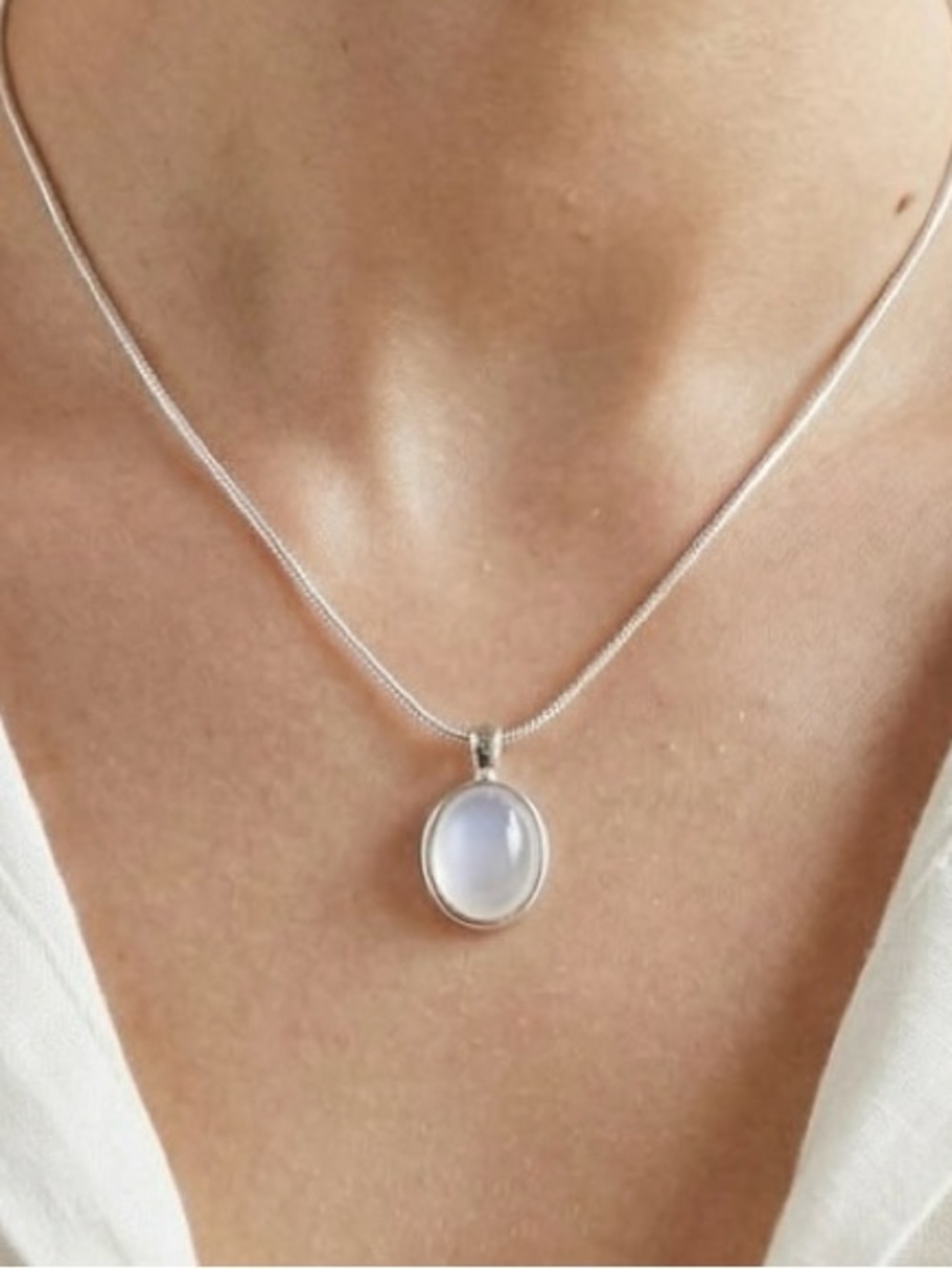 Sterling Silver White Oval Pendant Necklace